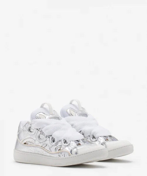 White Lanvin Curb Sneakers in Crinkled Metallic Leather